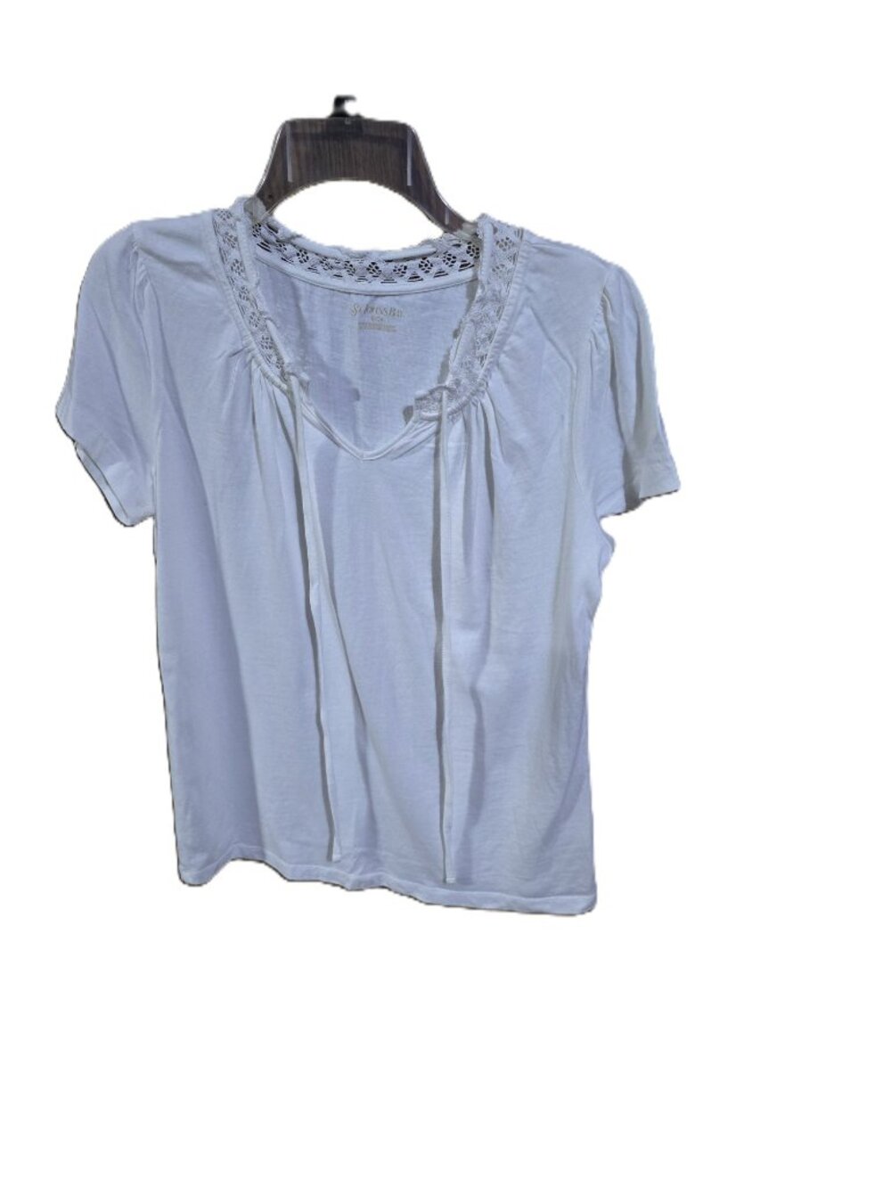 St. John's Bay Solid White Short Sleeve Pullover Top Lace Neckline - Picture 2 of 3